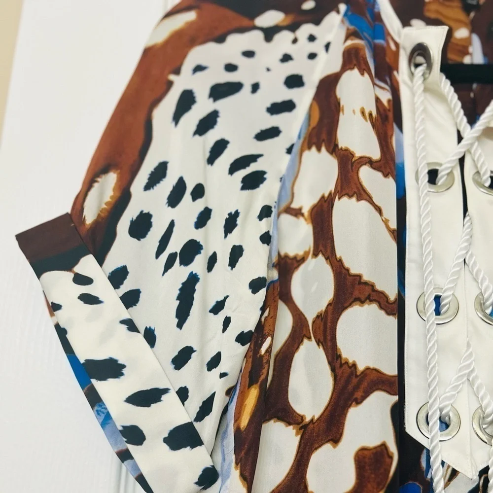 Silk Multicolored Lace Up Animal Print Tunic - Picture 8 of 10